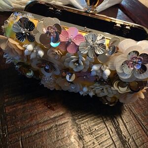 Floral Sequin Embellished Clutch - Pink & Cream